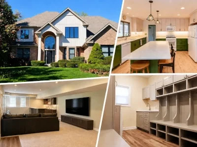 Collage of home improvement projects featuring an updated exterior, kitchen, finished basement and custom mudroom built-ins