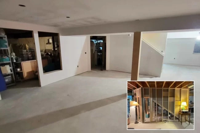 basement-drywall-finishing-project-aspect-ratio-960-640 Basement finishing project with new drywall, open wall areas, and inset photo showing the framing before work was completed