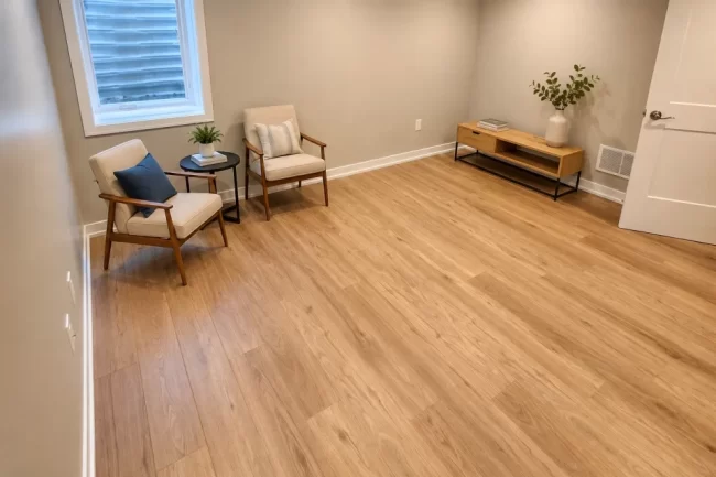 basement-finish-light-wood-flooring-2-aspect-ratio-960-640 Finished basement room with updated wood-look flooring, painted walls, white trim, and two chairs near the window with a small circular table between them, and a corner wood table.