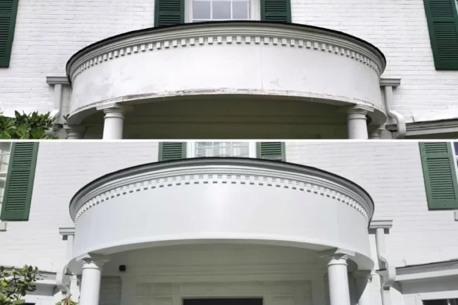 before-after-exterior-trim-repair-1-aspect-ratio-960-640 Before and after view of exterior trim repairs on a white brick home with curved porch trim and decorative columns