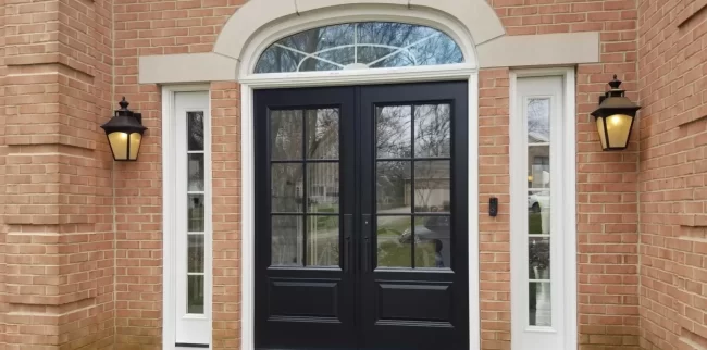 Double Front Entry Door Replacement | Pennings Handyman Black double front entry doors with glass panels, white sidelights, an arched transom window, and brick exterior walls