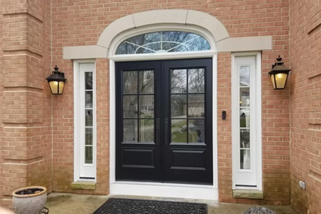 Black double front entry doors with glass panels, white sidelights, an arched transom window, and brick exterior walls