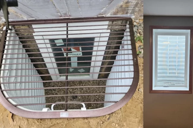 egress-addition-1-aspect-ratio-960-640 View of a basement egress window addition showing the interior window and exterior window well with safety grate
