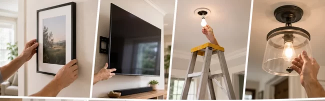 handyman-time-and-materials-project-types-1-aspect-ratio-1920-600 Montage of common Time & Materials handyman services including hanging artwork and TVs, changing light bulbs and fixtures, door repairs, small wall repairs, and replacing smoke detector batteries