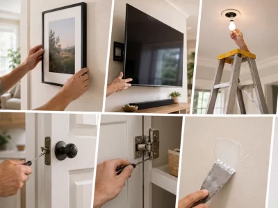 handyman-time-and-materials-project-types-1-aspect-ratio-400-300 Montage of common Time & Materials handyman services including hanging artwork and TVs, changing light bulbs and fixtures, door repairs, small wall repairs, and replacing smoke detector batteries