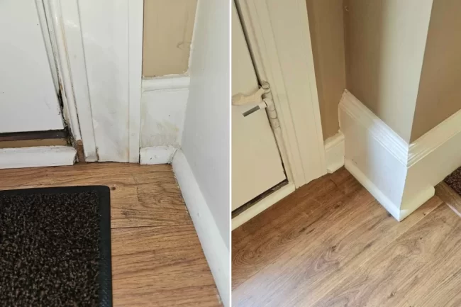 interior-trim-rot-repair-before-and-after-aspect-ratio-960-640 Before and after view of repaired interior trim and baseboard near an entry door with wood flooring