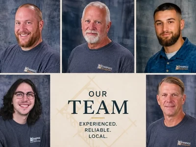 Collage of Pennings Handyman team members with an Our Team graphic highlighting experienced, reliable, local service