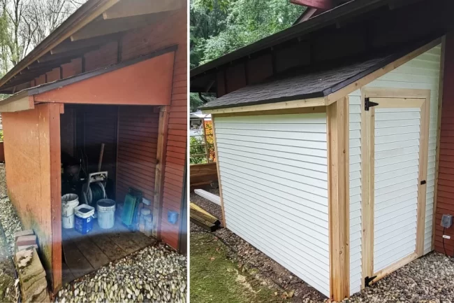 shed-repair-before-and-after-scaled-aspect-ratio-960-640 Before and after view of a shed repair with new siding, trim, roof work, and a repaired wood door