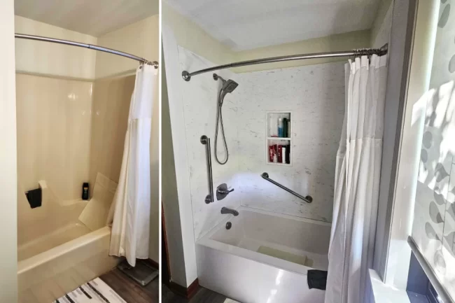 tub-and-shower-surround-update-scaled-aspect-ratio-960-640 Before and after view of a tub and shower update with new wall surround, shower fixtures, grab bars, and built-in niche